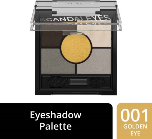 Ein schwarzer Lidschatten-Palette mit vier Farben und einem gelben Kreis für die Augenfarbe.