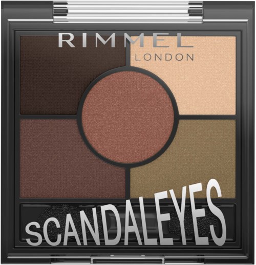 En sminkpalett med fyra ögonskuggor och märket Rimmel London, med titeln 'ScandalEyes'.
