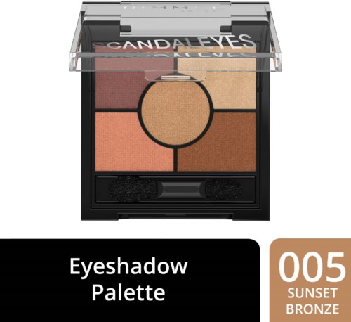 En sminkpalett med fem färger: rosa, brons, mörkbrun, svart och ett highlighter, märkt 'Eyeshadow Palette' och 'Sunset Bronze 005.'