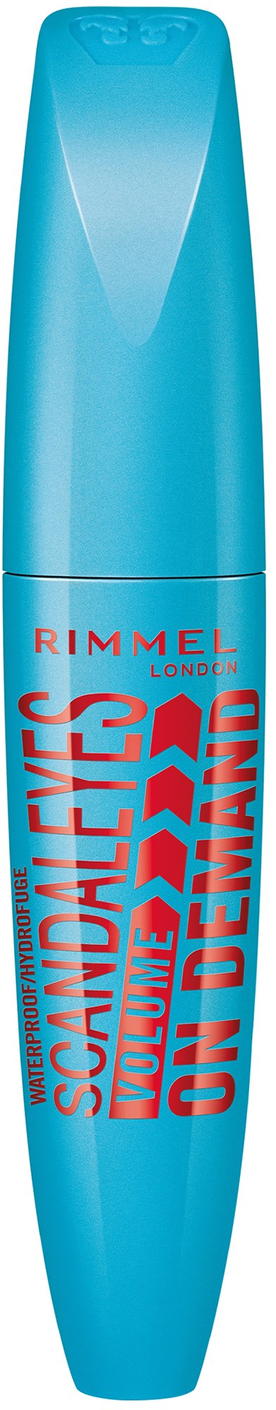 Eine blaue Mascara-Farbe mit rotem Text, der Rimmel Londons Mascara bewirbt. Schlank und hoch. Der Text enthält "Scandaleyes" und "On Lash".