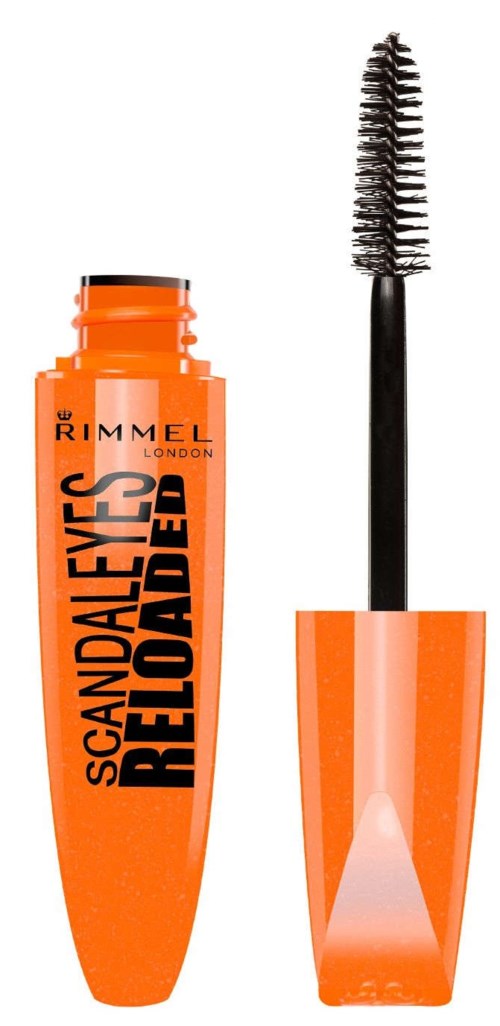 Oranges Wimperntusche-Flasche mit schwarzem Text und Bürste. Beschriftung sagt "Scandaleyes Reloaded" von Rimmel London.