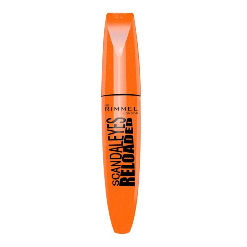 Orangefarbene Wimperntusche mit schwarzem Text, beschriftet "Rimmel London ScandalEyes Reloaded".