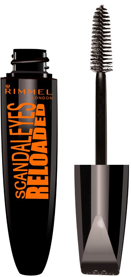 Schwarze Mascara-Hülse mit orangeener Schrift, Bürste mit gebogenen Borsten, für Augen-Make-up.
