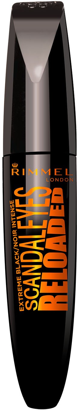 Ein schwarzer Augenbrauenstift mit orange- und schwarz beschriftetem Etikett, markiert 'Scandaleyes' von Rimmel London.