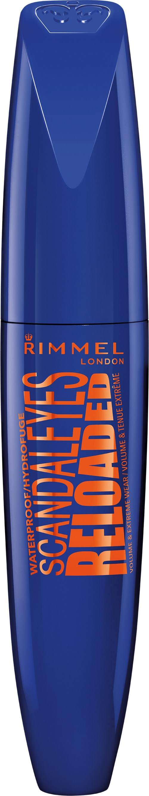 En blå mascara-rör med orange och svart text, varumärket Rimmel och produktbeskrivning.