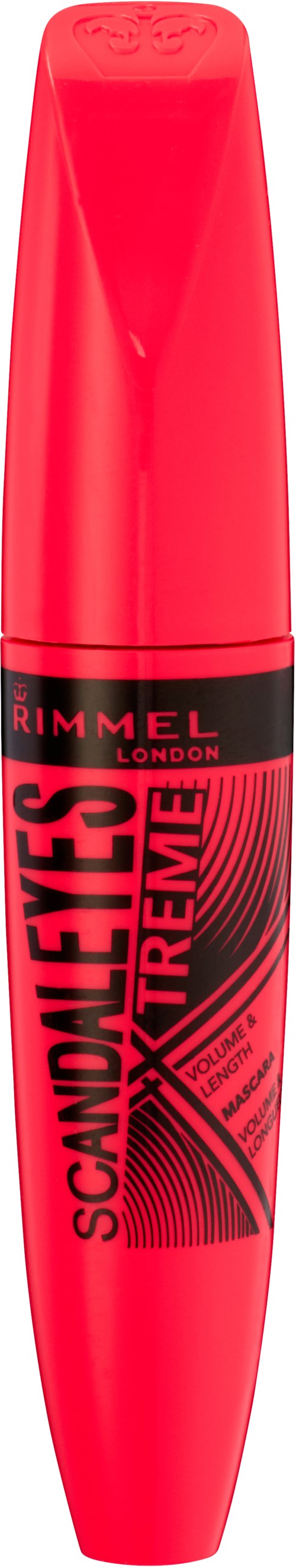 Röd mascara-rör med svart och rosa text, märkt "ScandalEyes Xtreme" av Rimmel London.