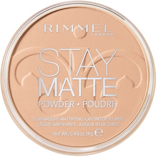 En rund beholder med Rimmel Stay Matte-pudder med en beige topp som viser produktnavn og detaljer.