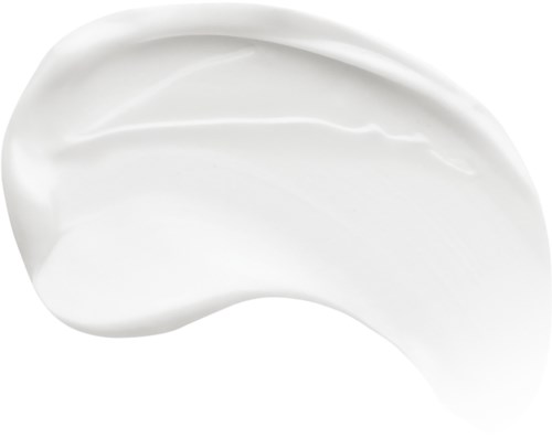 En klick vit kräm eller lotion med jämn, tjock konsistens på vit bakgrund.