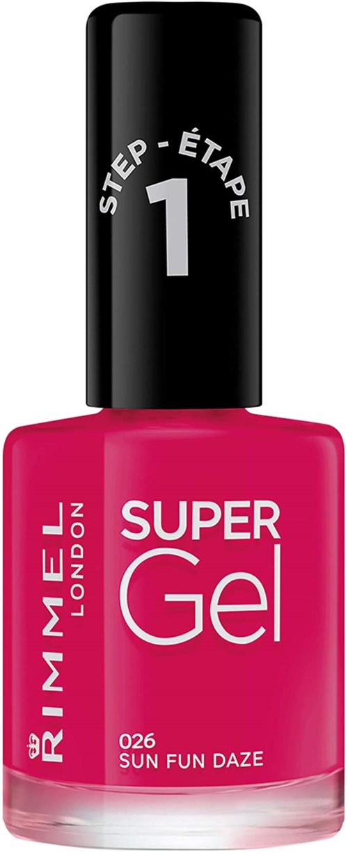 Eine rosa Nagellackflasche von Rimmel London mit der Aufschrift 'Super Gel' und schwarzem Deckel sowie Schritt 1 Zeichen.