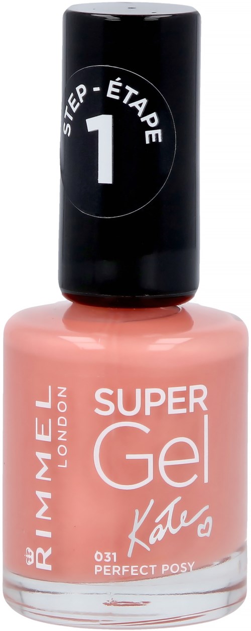 Rosa Nagellackflasche labeled 'Super Gel' von Rimmel London mit schwarzem Deckel und Schritt 1 Anweisung.