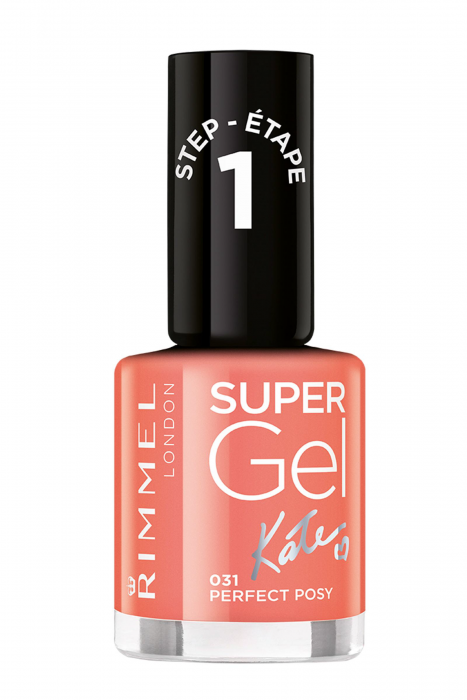 Eine Flasche Rimmel London Super Gel Nagellack mit schwarzem Deckel, beschriftet als 'Schritt 1' und pinkem Lack.