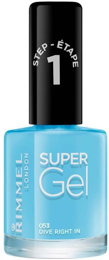 Blaue Nagellackflasche mit schwarzem Deckel, beschriftet 'Super Gel' und 'Schritt 1', von Rimmel London.