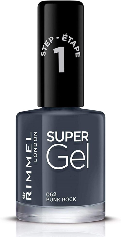 Dunkelgraue Nagellackflasche mit 'Super Gel' Aufschrift, 'Punk Rock' genannt, im einfachen Design.
