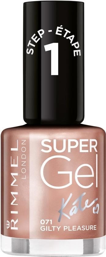 Eine rosa Nagelgel-Polierflasche mit der Bezeichnung 'Rimmel London Super Gel Gilty Pleasure' und schwarzem Deckel mit 'Schritt 1'.