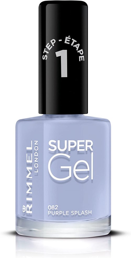 Ein Nagellackflasche mit der Bezeichnung 'Super Gel' in Lilafarbe von Rimmel London, mit schwarzem Deckel, auf dem 'Step 1' und 'ÉTAPE' steht.