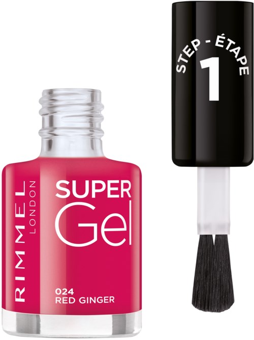 Różowa butelka żelu do paznokci o nazwie 'Super Gel Red Ginger' i czarna nakładka z napisem 'Step 1' oraz szczoteczką.