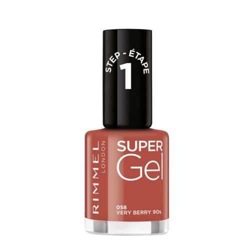 Butelka lakieru do paznokci Rimmel London Super Gel w kolorze Very Berry 90s z czarną nakrętką oznaczoną krok 1.