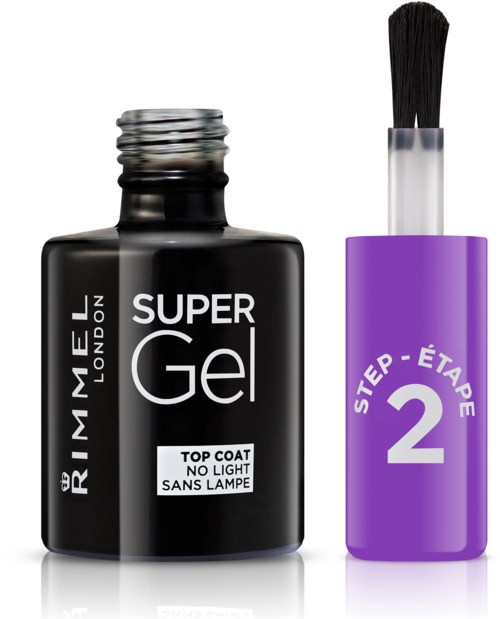 Svart neglelakkflaske merket 'Super Gel' og en lilla neglebørste med 'Trinn 2' skrevet på.