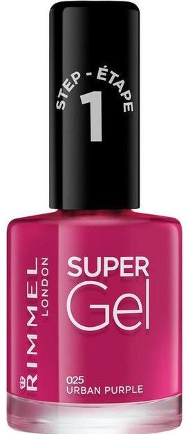 Różowa butelka lakieru do paznokci Rimmel London Super Gel, krok 1, w kolorze Urban Purple.