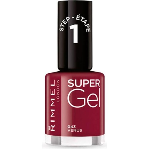 En flaske rødt gel til negler med svart hett, merket "Rimmel London" og "Super Gel" i hvitt, steg 1, Venus.