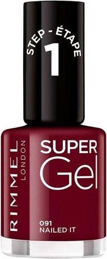 Pudełko lakieru do paznokci z napisem 'Rimmel London Super Gel', krok 1 i odcień 'Nailed It' w ciemnoczerwonym.