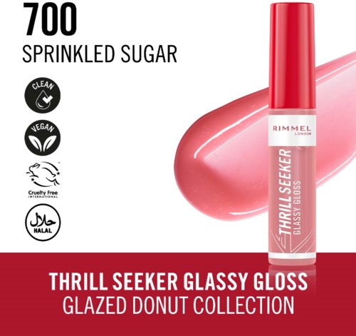 Vaaleanpunainen kynsilakkapullo, jossa lukee 'Thrill Seeker Glassy Gloss' Rimmelin Glazed Donut -kokoelmasta.