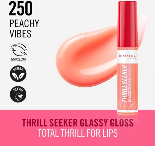 Szminka w tubce z brzoskwiniowym odcieniem, oznaczona 'Thrill Seeker Glassy Gloss' firmy Rimmel London, z ikonami cruelty-free, vegan i czystości.