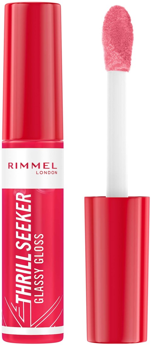 Czerwony lakier do ust w tubce z puszystym aplikatorem. Marka to Rimmel London, nazwa produktu to Thrill Seeker.