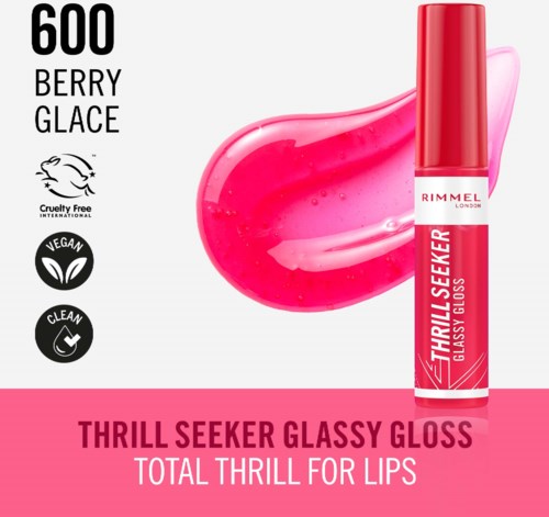 Błyszczyk do ust Rimmel London o nazwie Thrill Seeker, o smaku jagody. Jasnoróżowy kolor, cruelty-free i wegański.
