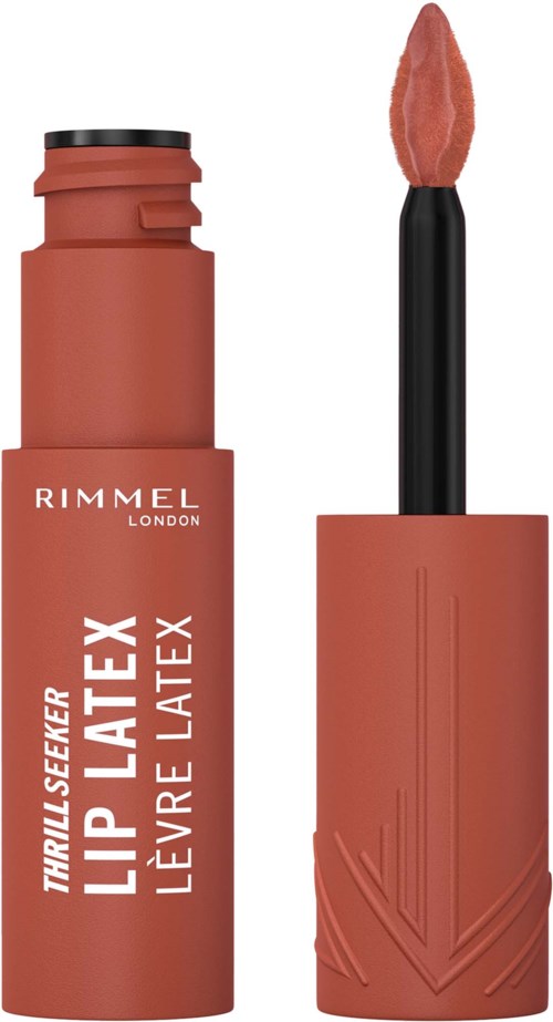 Rimmel Londons läppglans eller läppstift i persikonyanser med en svart applikatorstång.