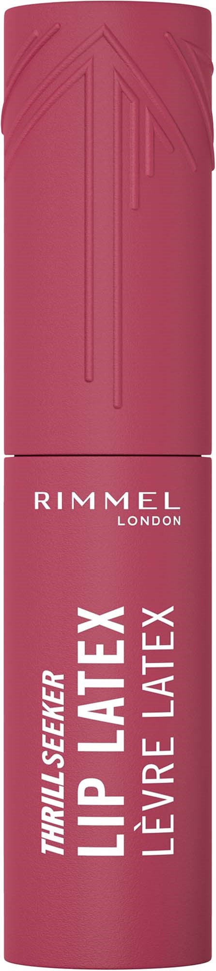 Błyszczyk do ust w różowej tubce z oznaczeniem Rimmel London i szczegółami produktu.