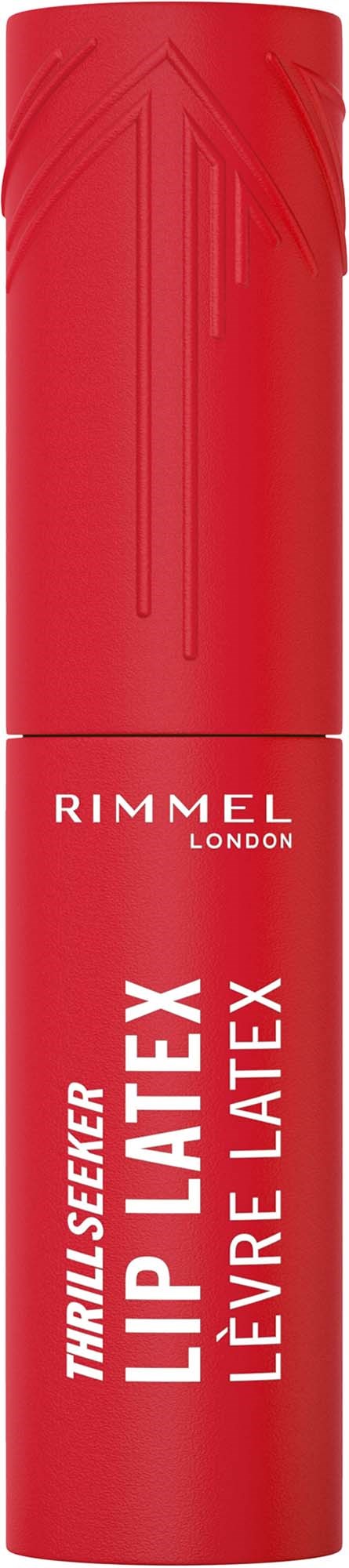 En röd flaska med Rimmel London läppstift med texten ThrilLuxe Lipstick och Levre Latex på den.