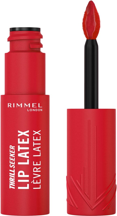 Röd läppstiftstubb med locket borttaget, visar läppstiftet inuti. Märket Rimmel London är synligt.