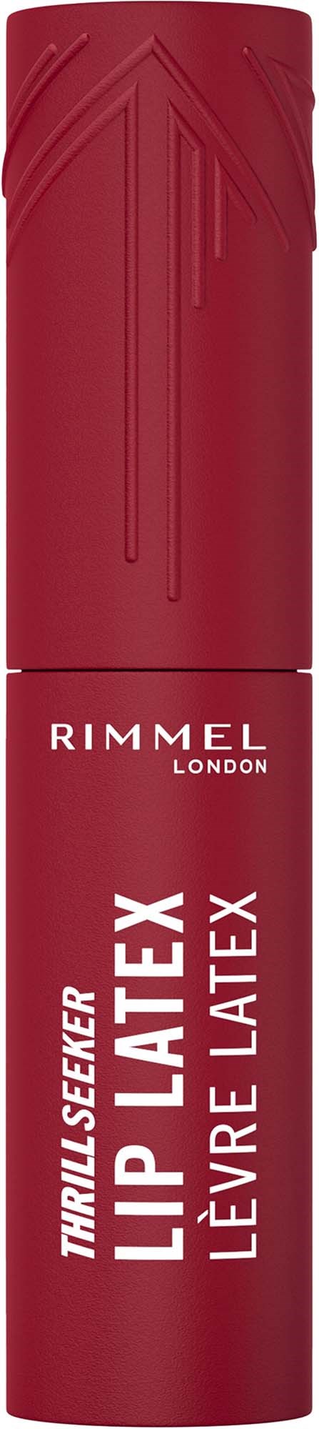 Röd cylinder för läppglans med vit text, märket Rimmel London och produktnamnet Thrillexer Lip Laque.