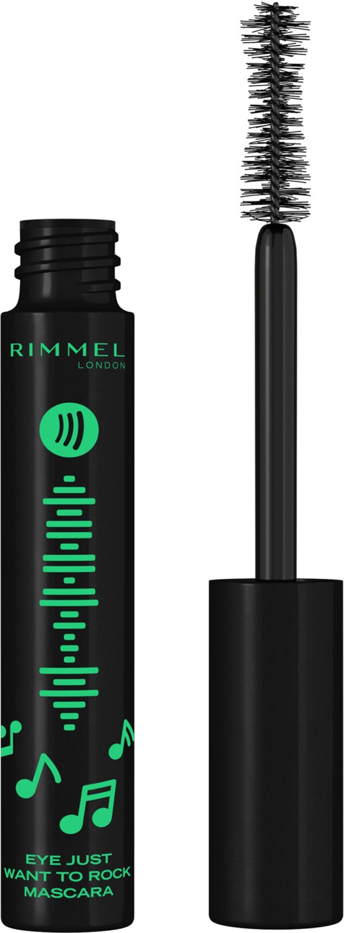 A black mascara tube with a green logo and music notes, the wand with a sponge tip brush.