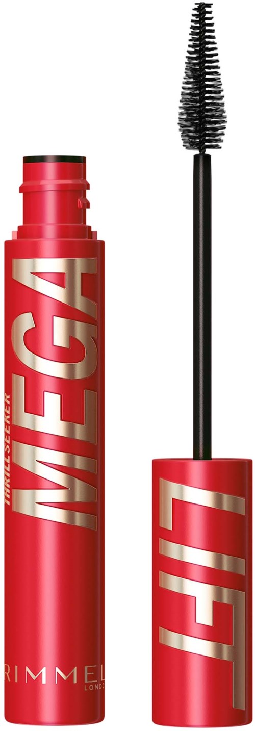 Rote Mascara-Hülse mit silberner und weißer Aufschrift, Wimpernbürste mit schwarzem Bürstenkopf.
