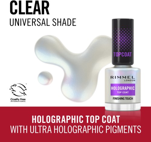Kynsilakkapullo, jonka etiketti lukee 'Holographic Top Coat', sisältää holografisia pigmentejä.