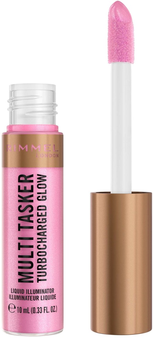 Rødt lip gloss-rør med påføringspenn og gullhette. Merkingen sier "MULTI TASKER TURBOCHARGED GLOW."
