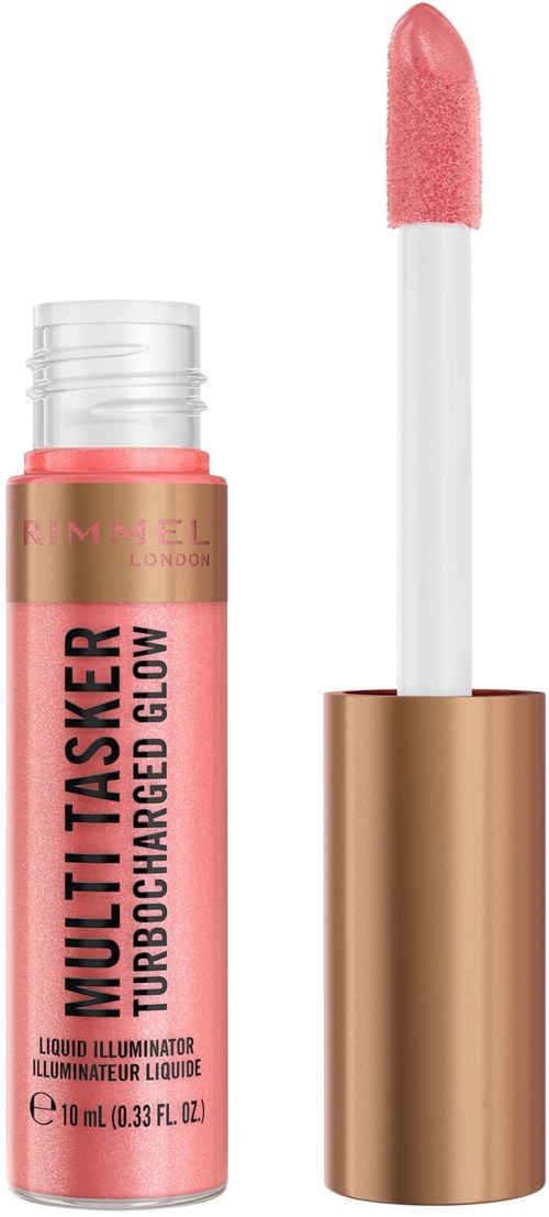 Leppeglansrør med rosa applikator og gullkork, merket 'Multi Tasker Turbocharged Glow'.