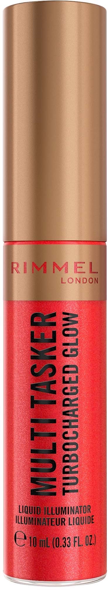 En rød væskelippenstift med gullhette fra Rimmel London, merket "MULTI TASKER TURBOCHARGED GLOW."