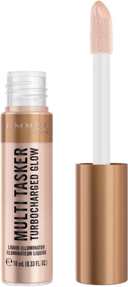 En flytende highlighter med påføringsvott og et rosegullfarget rommermerket 'Multi Tasker Turbocharged Glow.'