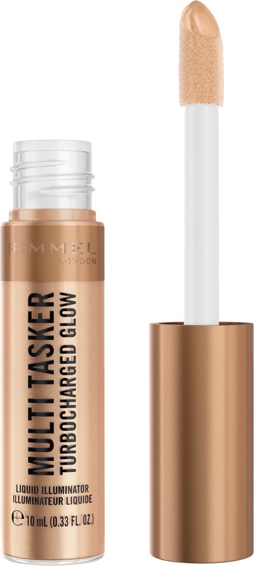 En beige flytende leppestift med en hvit applikatorskaft og gullhette. Produktet ser ut til å være en highlighter eller illuminator.
