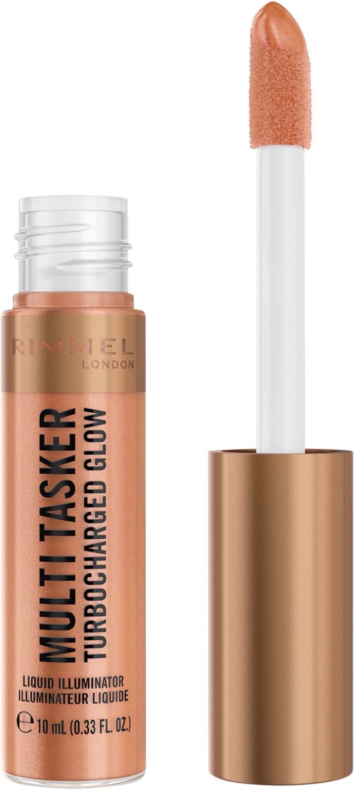 En leppeglossrør med applikator, merket 'Multitasker' og 'Turbocharged Glow', i beige farge.