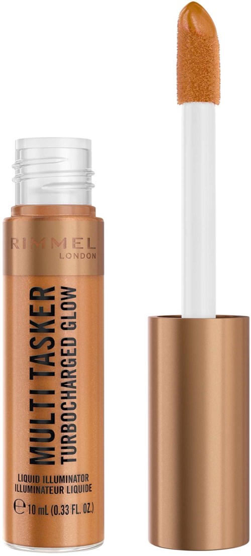 En liten tube med lipglossapplikator, merket 'Multi Tasker' og 'Illuminator', i beige farge.