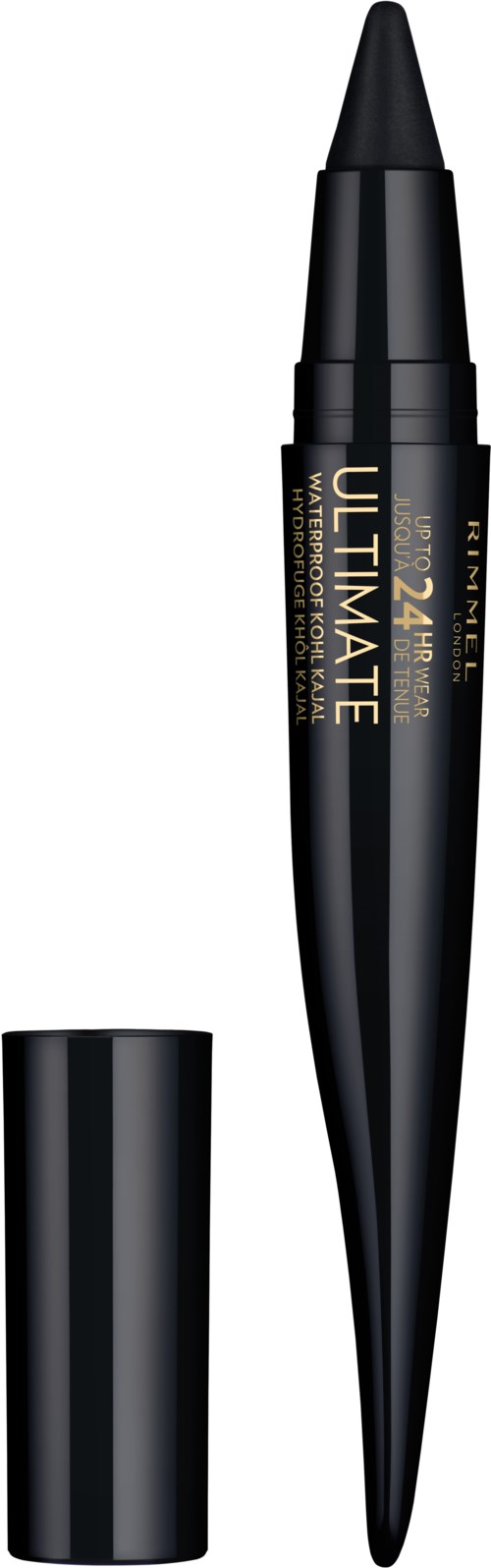 Ein schwarzer flüssiger Eyelinerstift mit Deckel, vertikal positioniert, mit Markennamen und Details auf dem Körper.