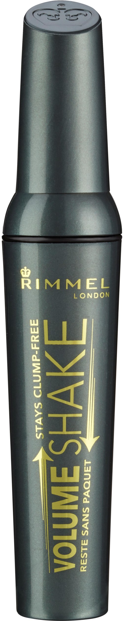 En lång, cylindrisk svart flaska med gul text, märkt "Volume Shake" av Rimmel London, för hårvolym.