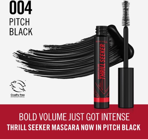 It shows a black mascara tube with red accents. The mascara wand is next to a black streak on white background.