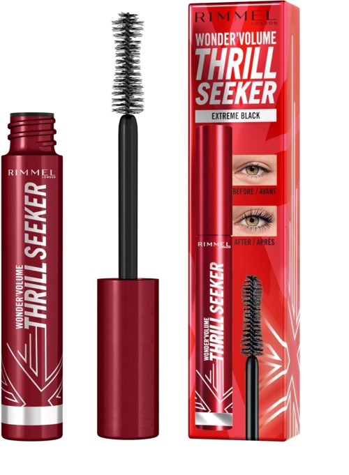 Red mascara tube and brush, with a box showing before and after eye make-up photos, labeled 'Thrill Seeker' and 'Extreme Black.'