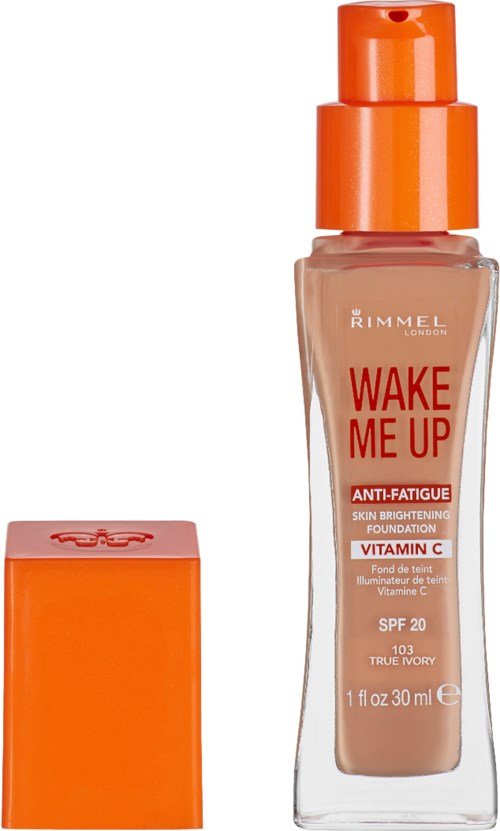 En foundationflaska med orange lock och box, märkt 'Wake Me Up' med SPF 20 och Vitamin C.