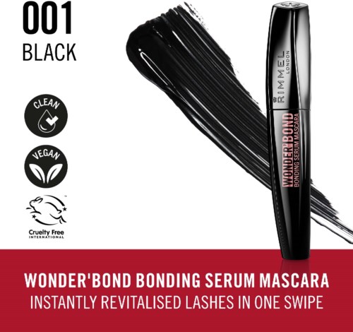 To jest opakowanie dla Wonder'Bond bonding serum mascara, które jest czarne, cruelty-free, wegańskie i zaprojektowane do poprawy rzęs.
